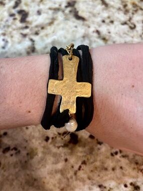 Gold Cross Silk Wrap Bracelet with Pearl Accent